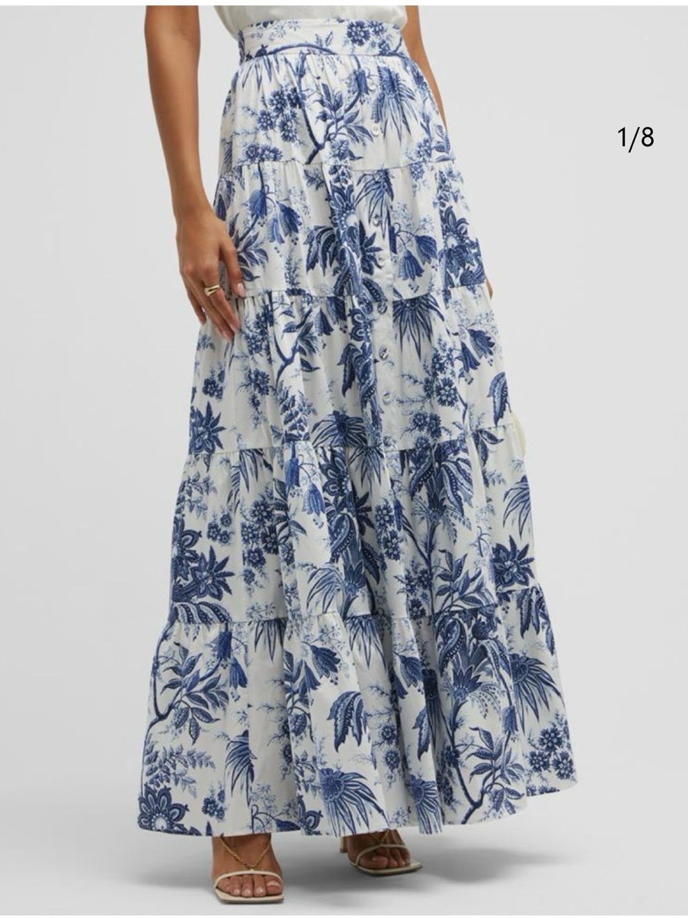 Cara Cara Nathali Blue Floral Tiered Maxi Skirt - White & Blue XS